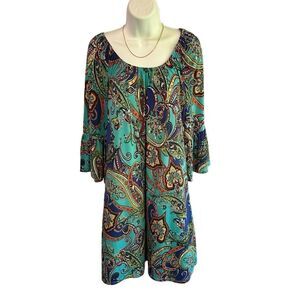 Moa USA Turquoise Paisley Bell Sleeve Boho Dress Women’s XL